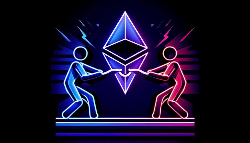 two opposing figures pulling at an Ethereum logo