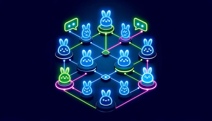 chatroom icons connected by digital lines, with cartoon-like blue bunnies