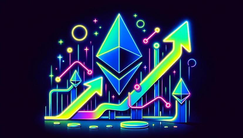Ethereum logos and upward-trending arrows
