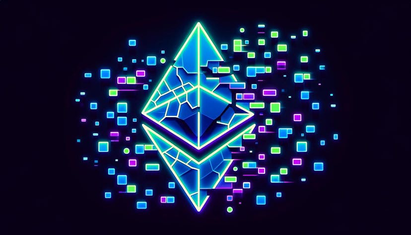 Ethereum symbols broken into pieces and arranged in a fragmented pattern