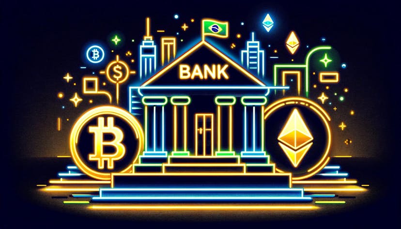 stylized representations of Bitcoin and Ethereum logos alongside a bank building with Brazilian elements