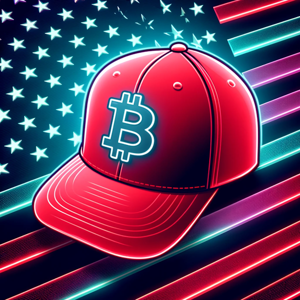 red snapback hat with a Bitcoin logo, set against an American flag background