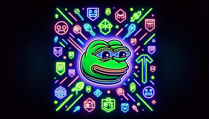 Pepe prominently displayed against a background of dimmer neon-colored NFT symbols