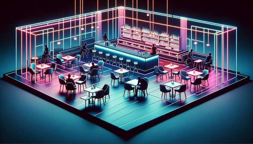  image of a minimalistic bar with many empty tables and chairs