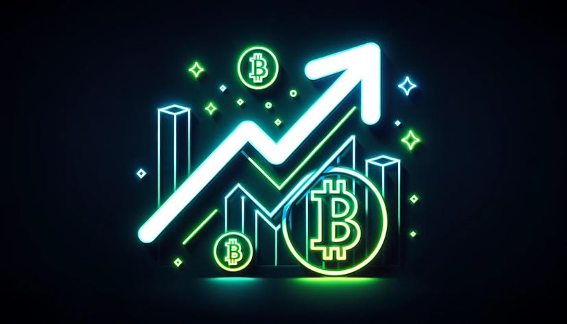 upward-trending arrows and stylized Bitcoin symbols
